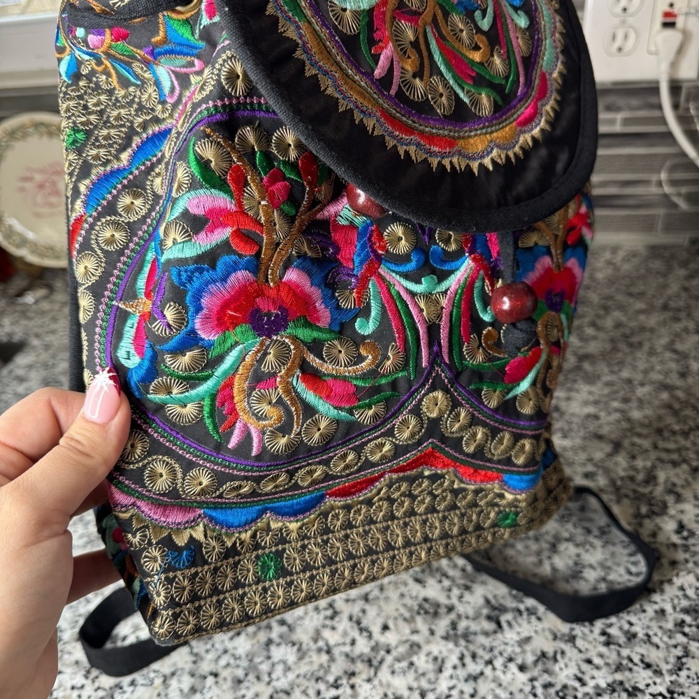 Women's Vintage Unique Cute Canvas Backpack Purse with Floral Embroidery - Picture 4 of 13